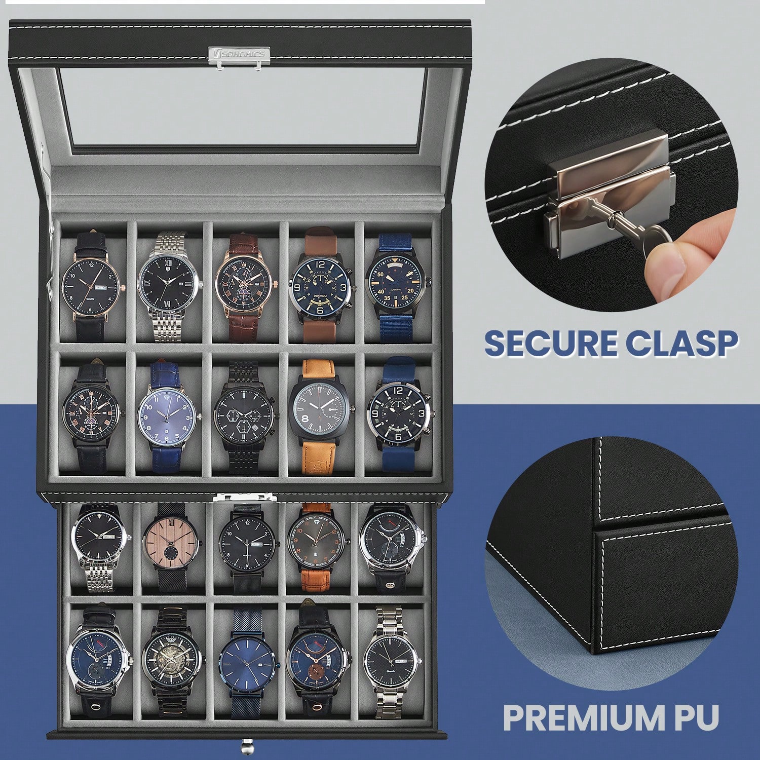 20-Slot Watch Box with Glass L - Jewelry Watches For Women ulasan dan harga